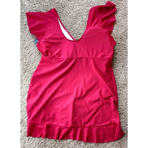 Blooming Jelly Swim Dress Sz 3X Burgundy Red Flounce Sleeve V Neck One Piece New - Picture 3 of 7